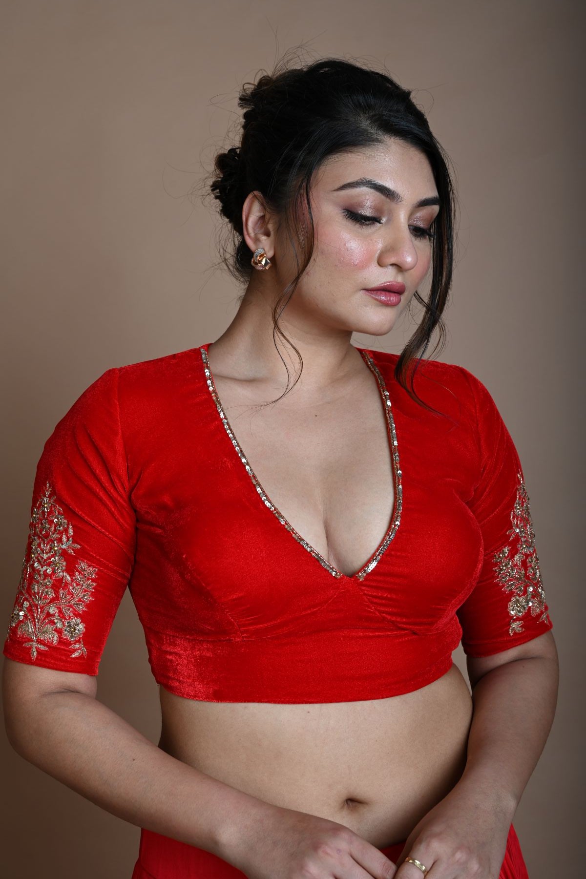 Red Bridal V Neck Blouse in Velvet with Half Sleeves and Hand Embroidery - Anvi Couture