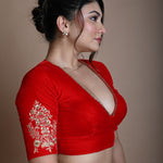 Red Bridal V Neck Blouse in Velvet with Half Sleeves and Hand Embroidery - Anvi Couture