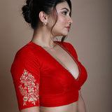 Red Bridal V Neck Blouse in Velvet with Half Sleeves and Hand Embroidery - Anvi Couture