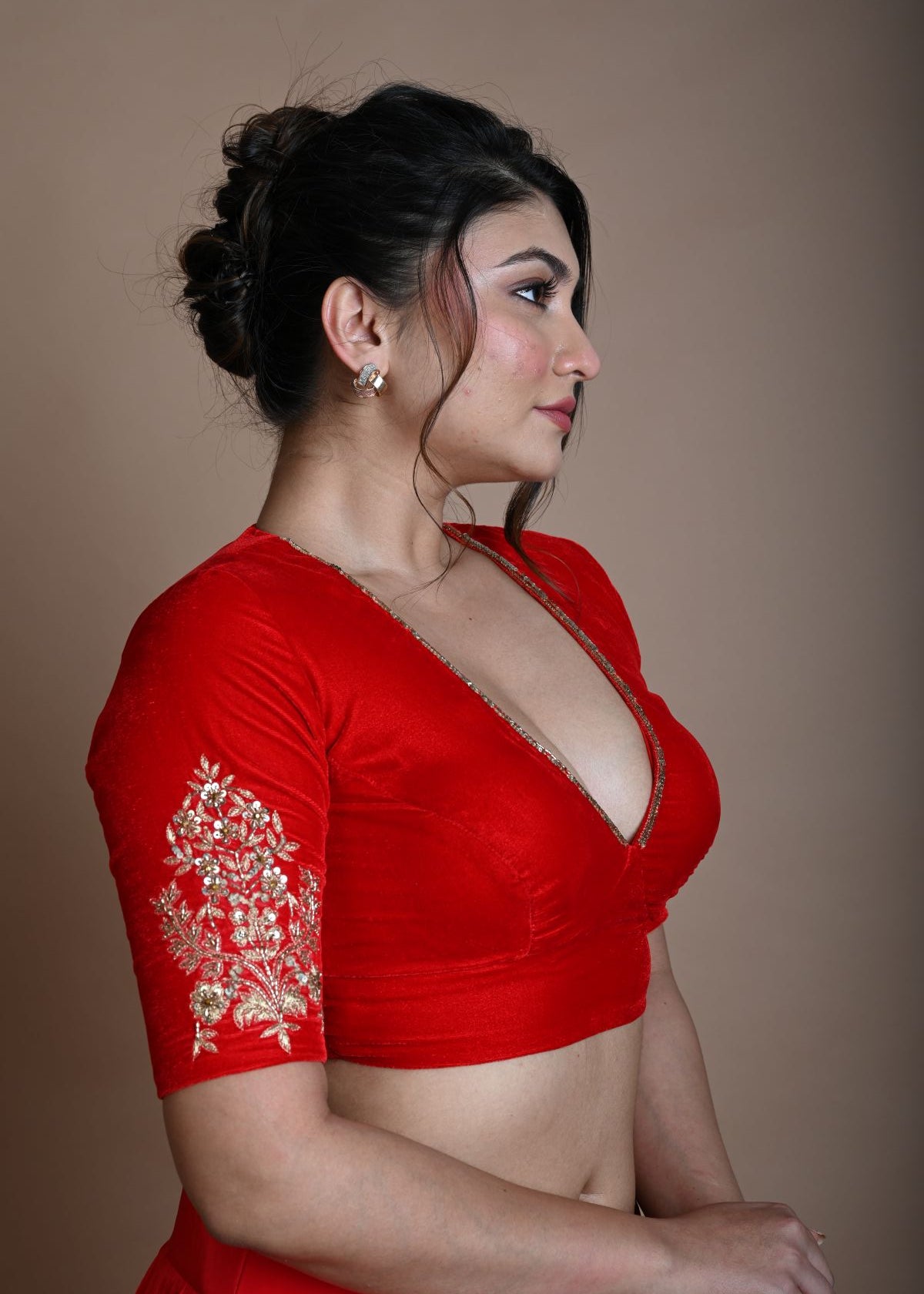 Red Bridal V Neck Blouse in Velvet with Half Sleeves and Hand Embroidery - Anvi Couture