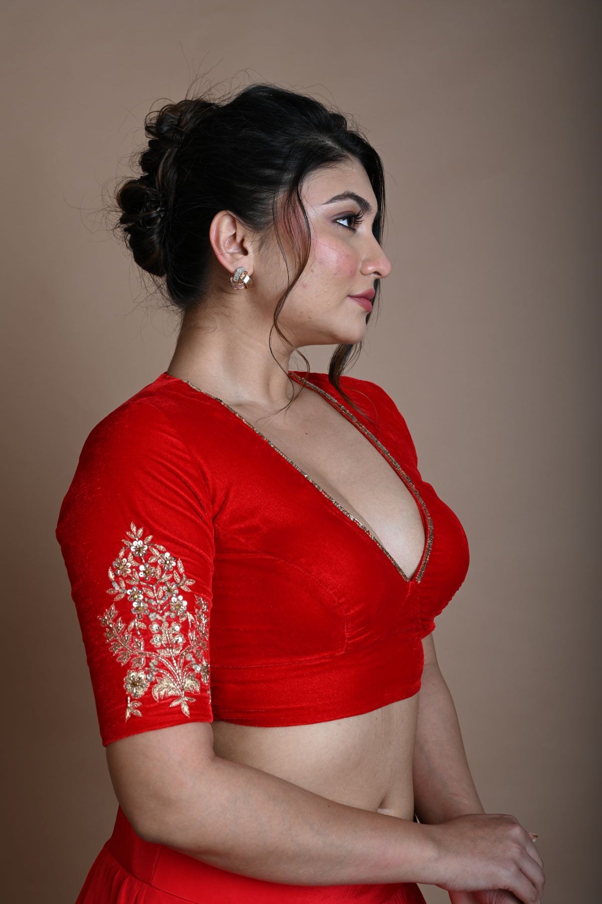 Red Bridal V Neck Blouse in Velvet with Half Sleeves and Hand Embroidery - Anvi Couture