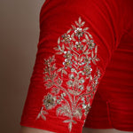 Red Bridal V Neck Blouse in Velvet with Half Sleeves and Hand Embroidery - Anvi Couture