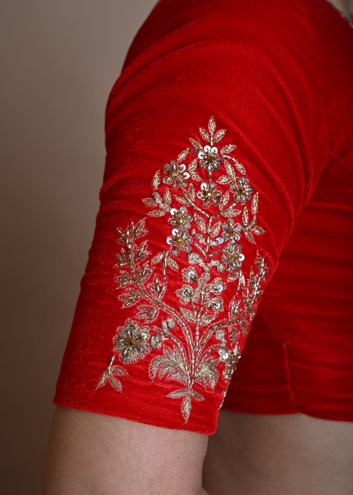 Red Bridal V Neck Blouse in Velvet with Half Sleeves and Hand Embroidery - Anvi Couture