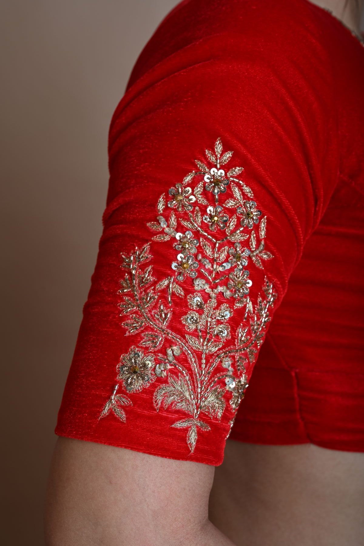 Red Bridal V Neck Blouse in Velvet with Half Sleeves and Hand Embroidery - Anvi Couture