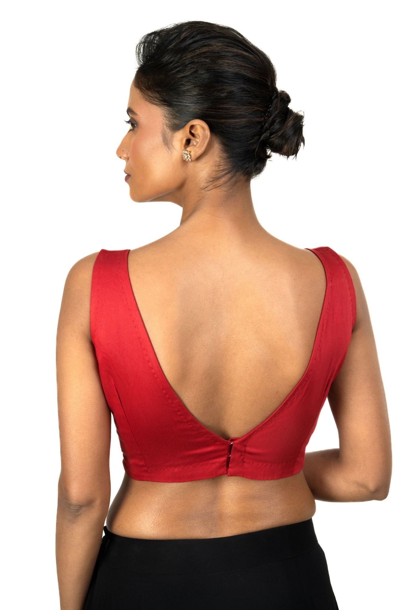 Red V Neckline Sleeveless Blouse with Back Closer - Anvi Couture