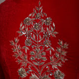 Red Bridal V Neck Blouse in Velvet with Half Sleeves and Hand Embroidery - Anvi Couture