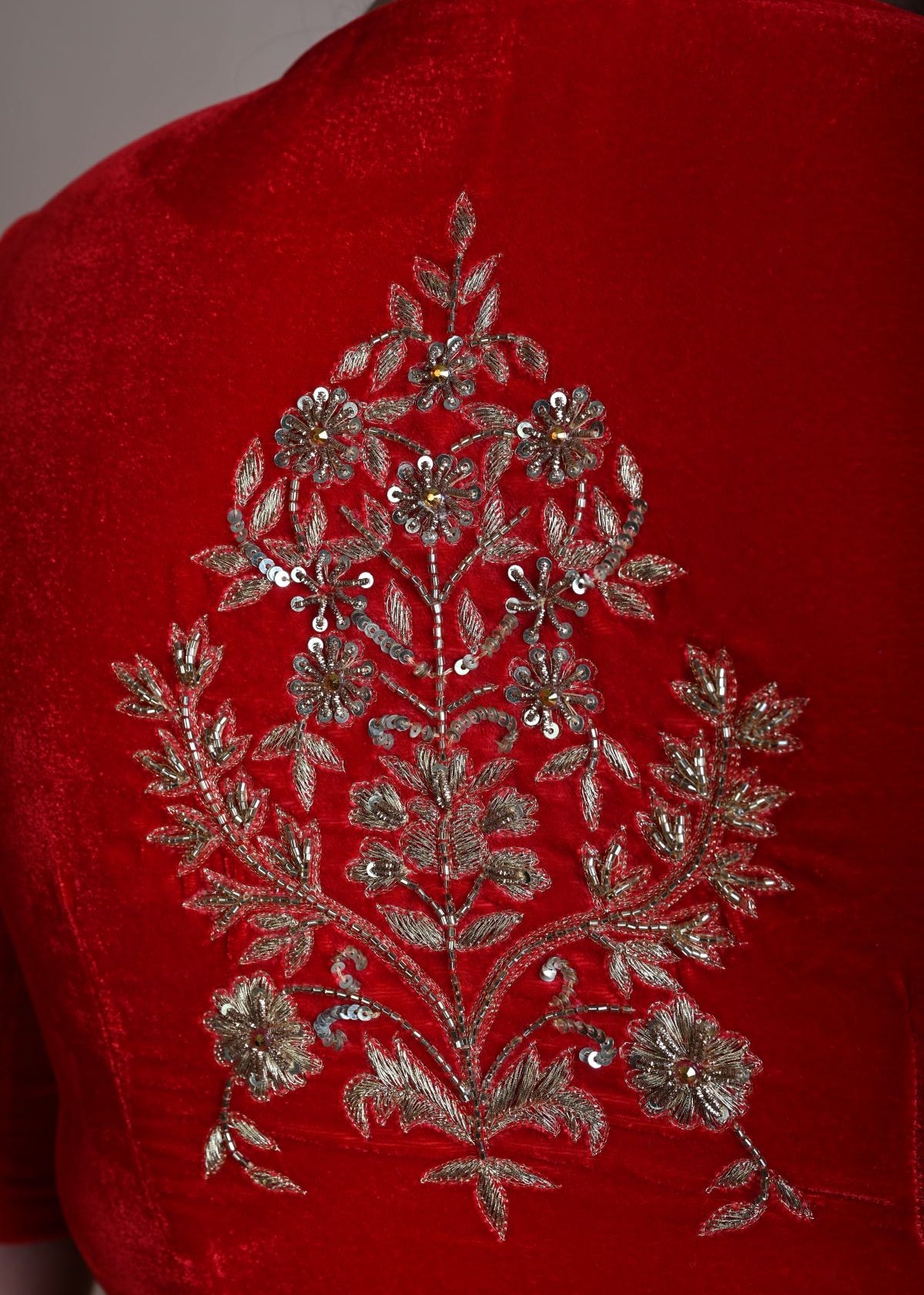 Red Bridal V Neck Blouse in Velvet with Half Sleeves and Hand Embroidery - Anvi Couture