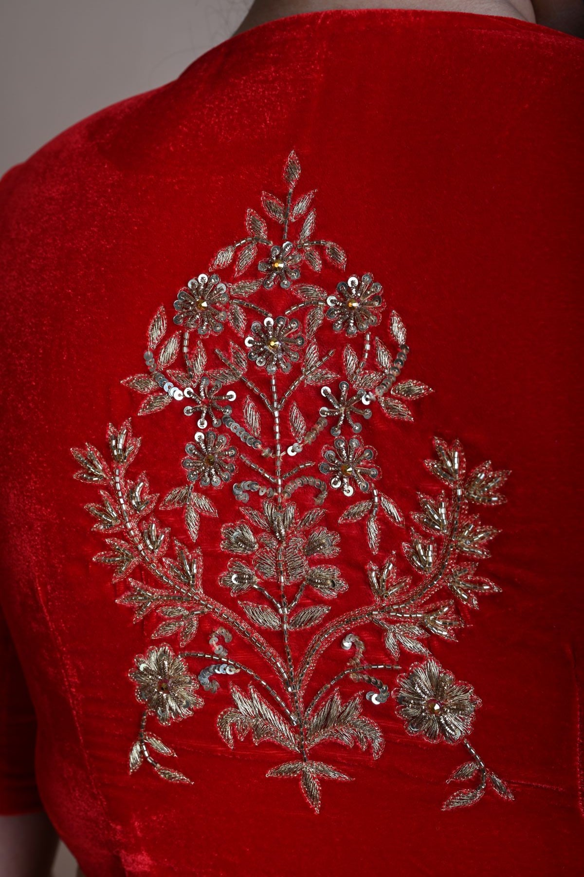 Red Bridal V Neck Blouse in Velvet with Half Sleeves and Hand Embroidery - Anvi Couture