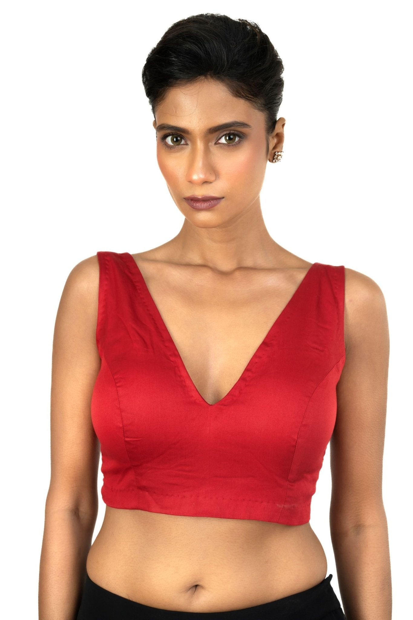 Red V Neckline Sleeveless Blouse with Back Closer - Anvi Couture