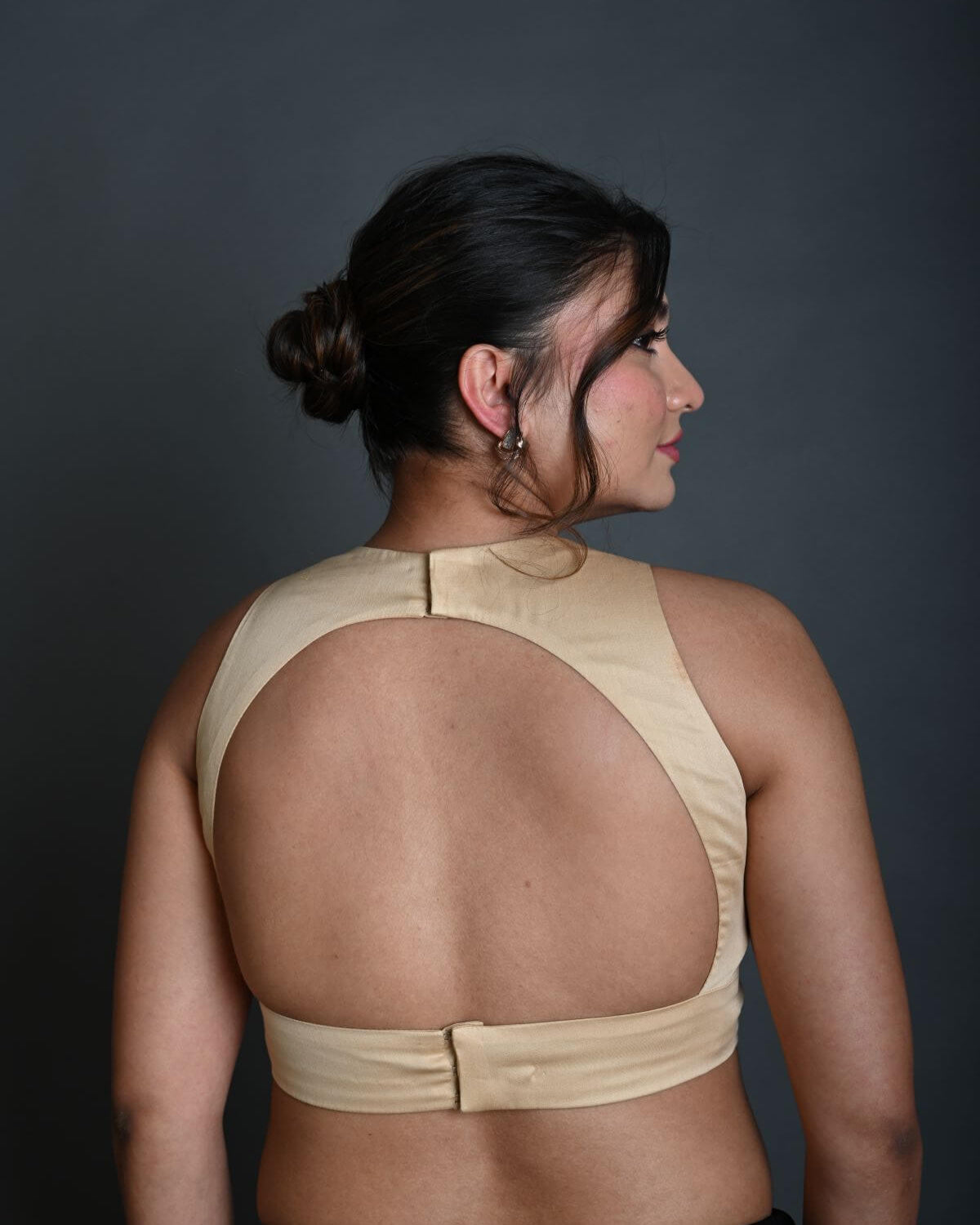 Cream Sleeveless Blouse in Cotton with Back Cutout with Deep V Neckline - Anvi Couture