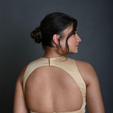 Cream Sleeveless Blouse in Cotton with Back Cutout with Deep V Neckline - Anvi Couture