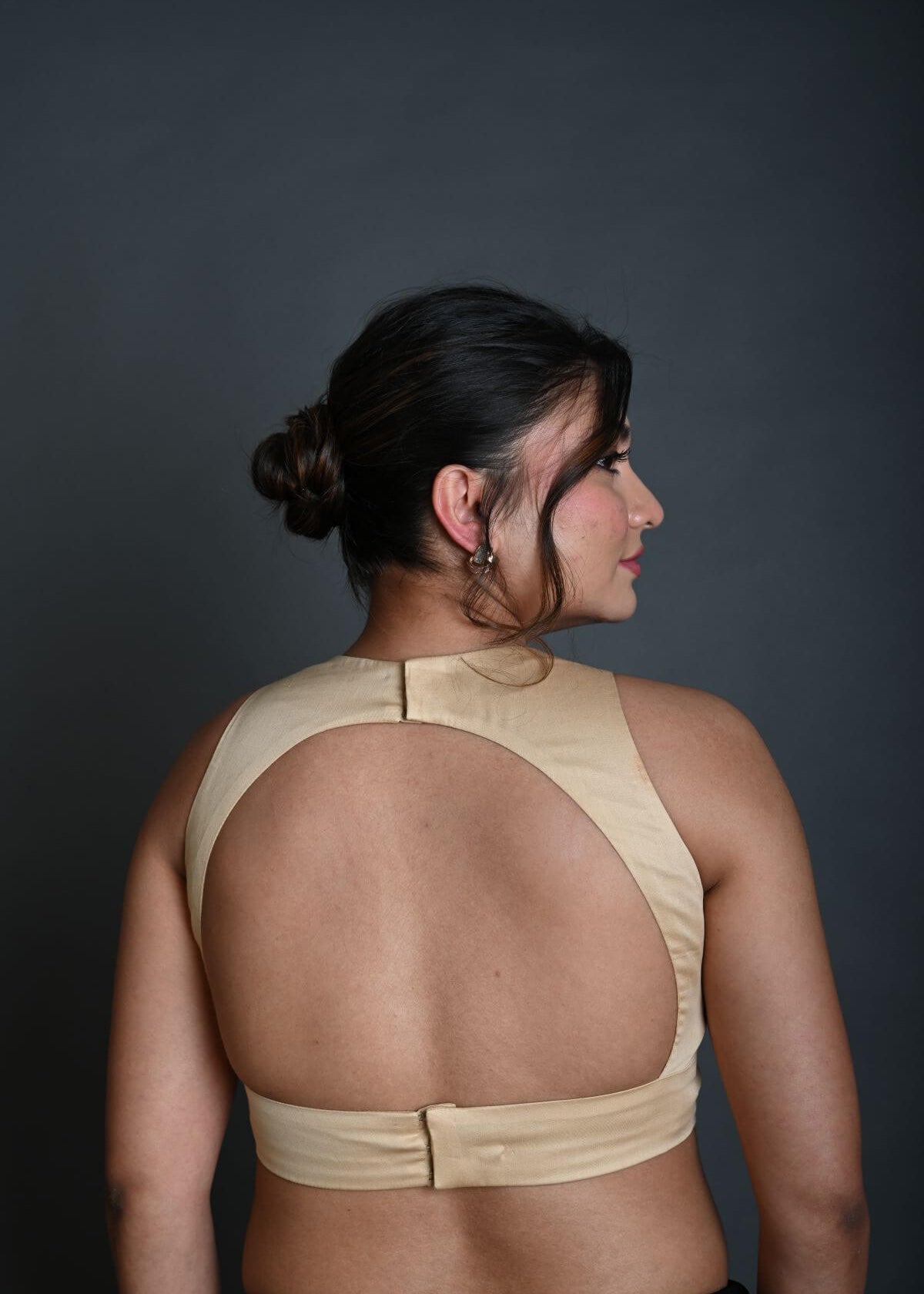 Cream Sleeveless Blouse in Cotton with Back Cutout with Deep V Neckline - Anvi Couture