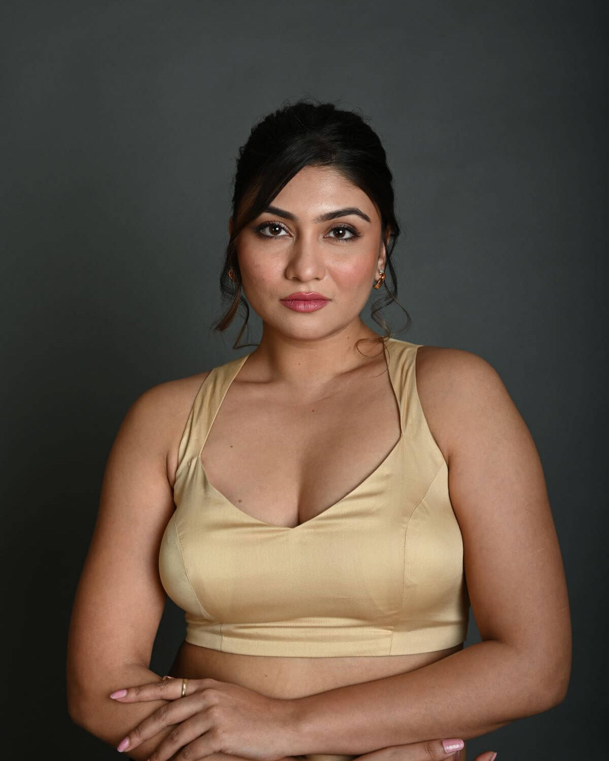 Cream Sleeveless Blouse in Cotton with Back Cutout with Deep V Neckline - Anvi Couture