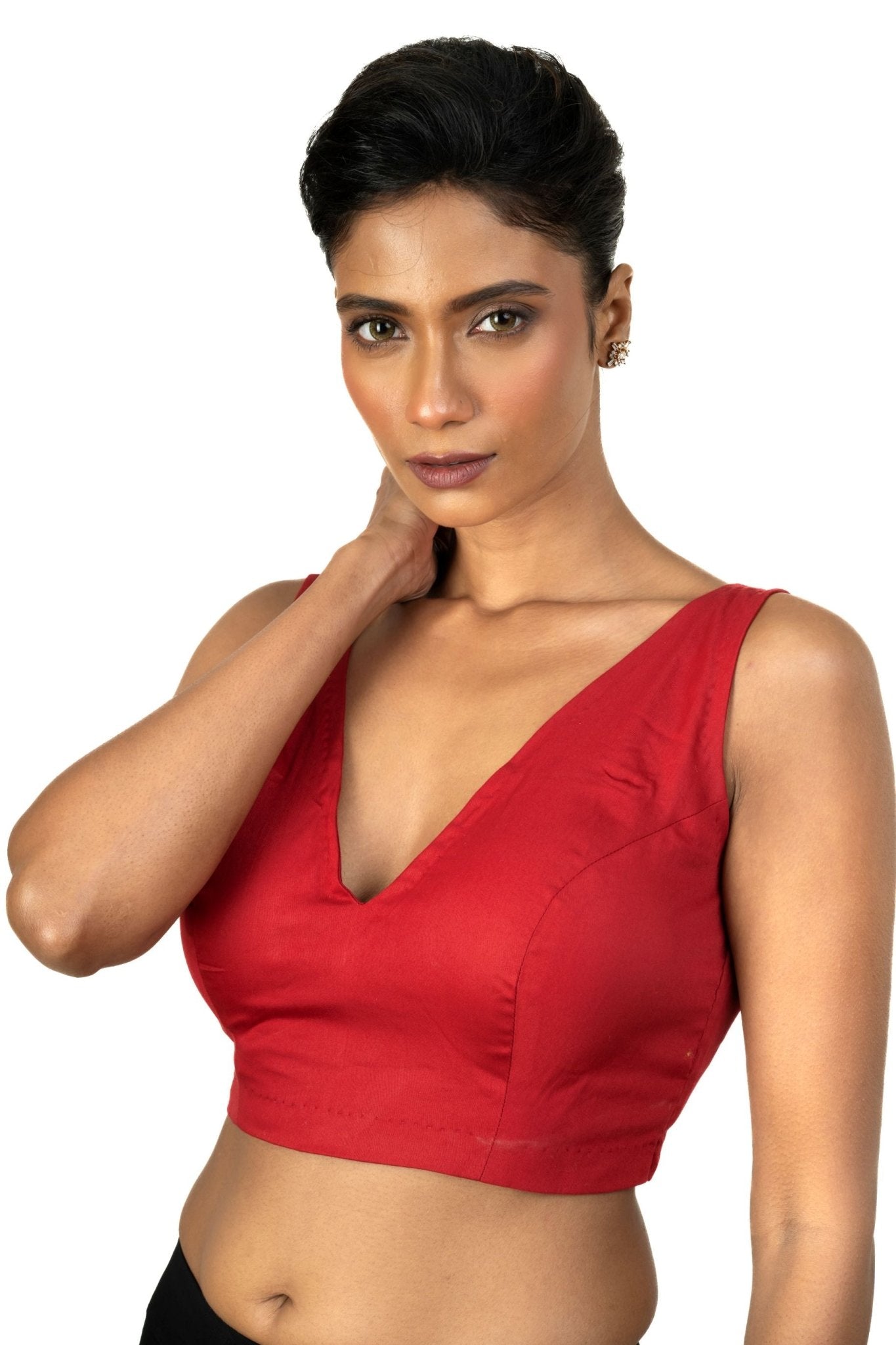 Red V Neckline Sleeveless Blouse with Back Closer - Anvi Couture