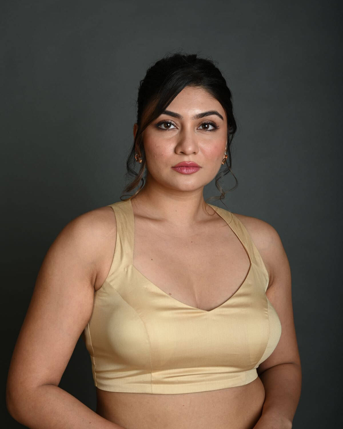 Cream Sleeveless Blouse in Cotton with Back Cutout with Deep V Neckline - Anvi Couture