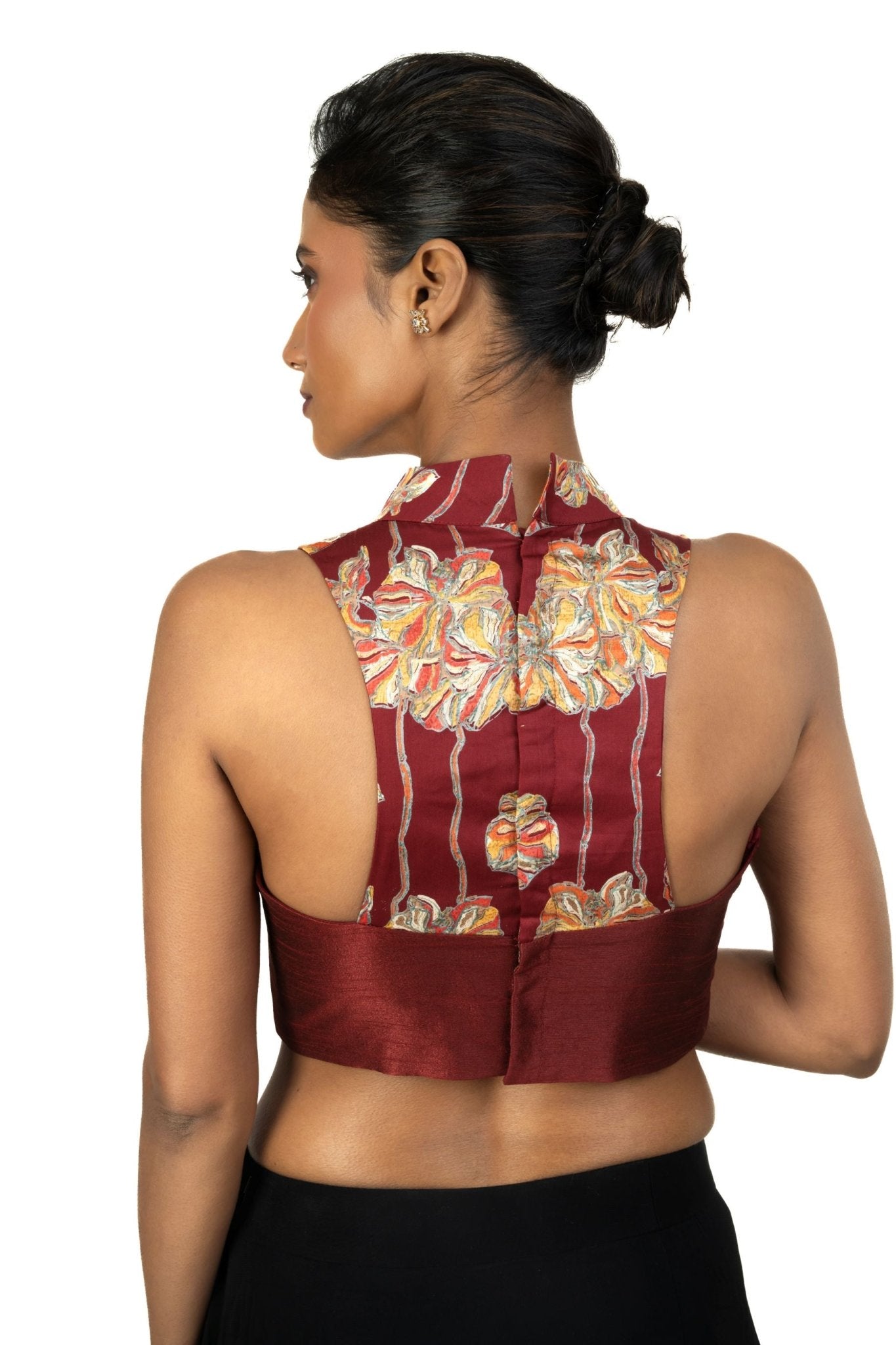 Maroon Raw Silk Multicolor Halter Neck Blouse - Anvi Couture