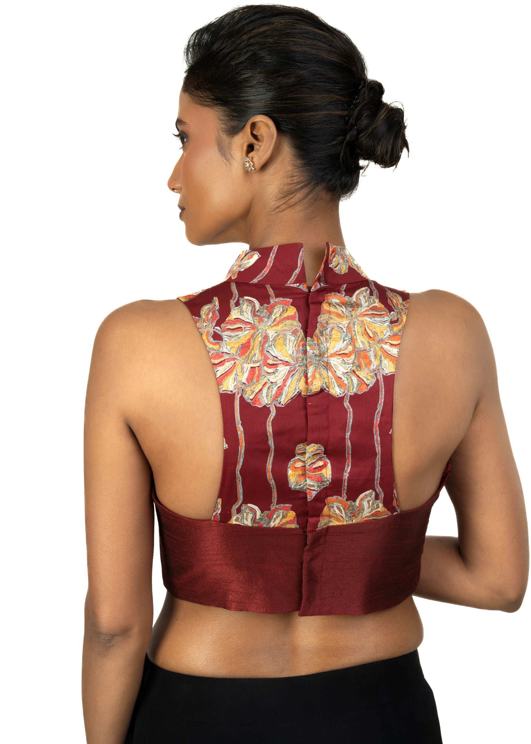 Maroon Raw Silk Multicolor Halter Neck Blouse - image 4