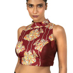 Maroon Raw Silk Multicolor Halter Neck Blouse - image 1