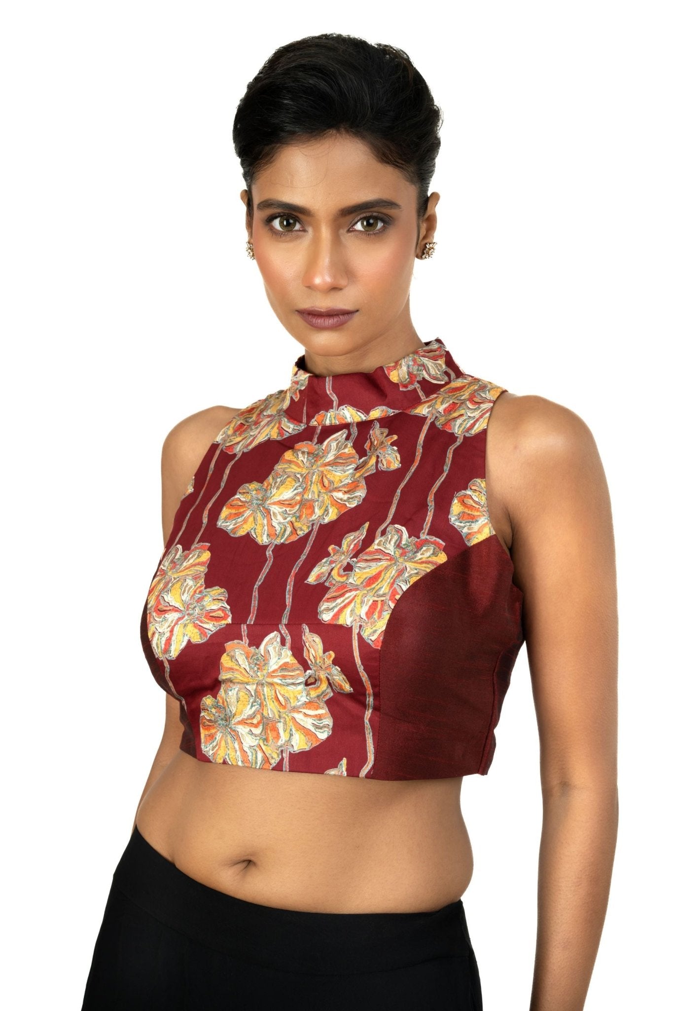 Maroon Raw Silk Multicolor Halter Neck Blouse - Anvi Couture