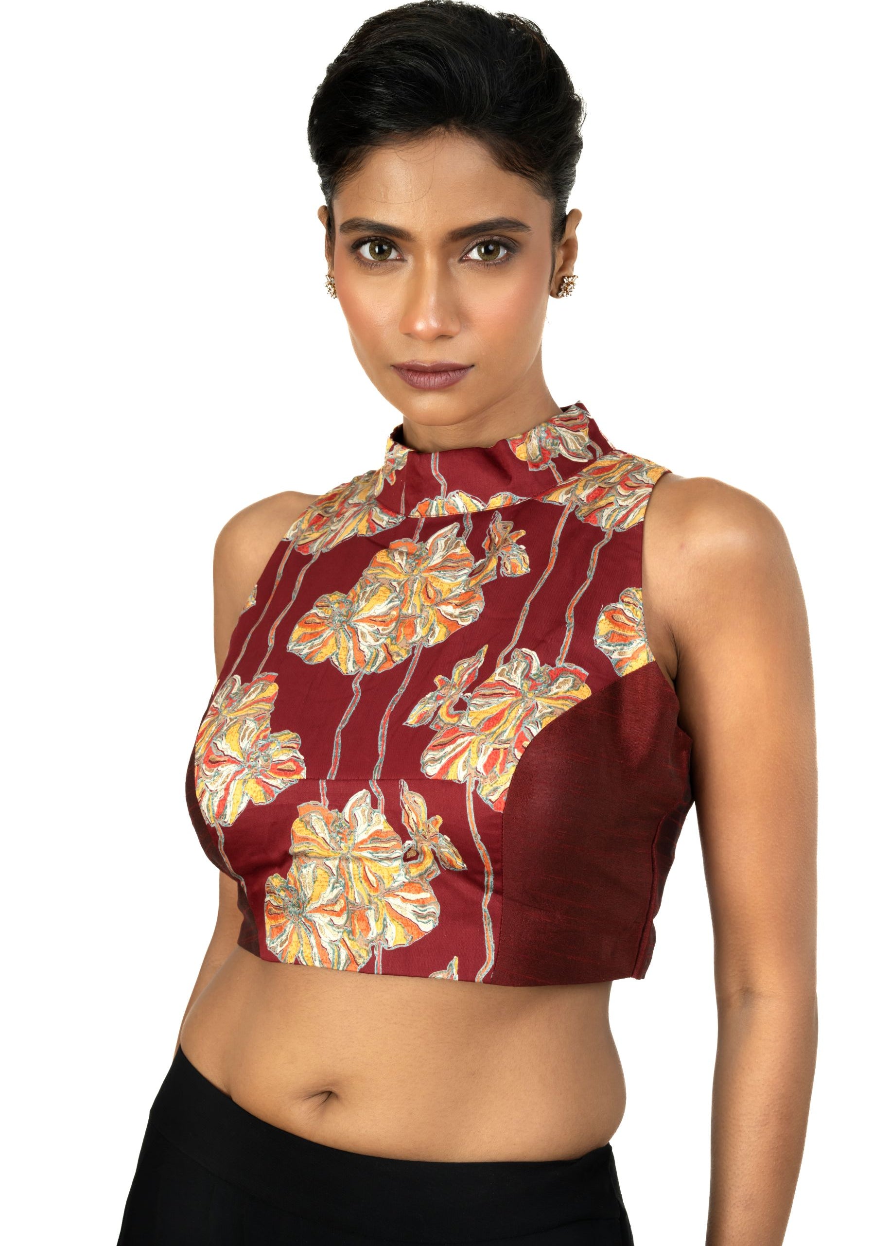 Maroon Raw Silk Multicolor Halter Neck Blouse - image 1
