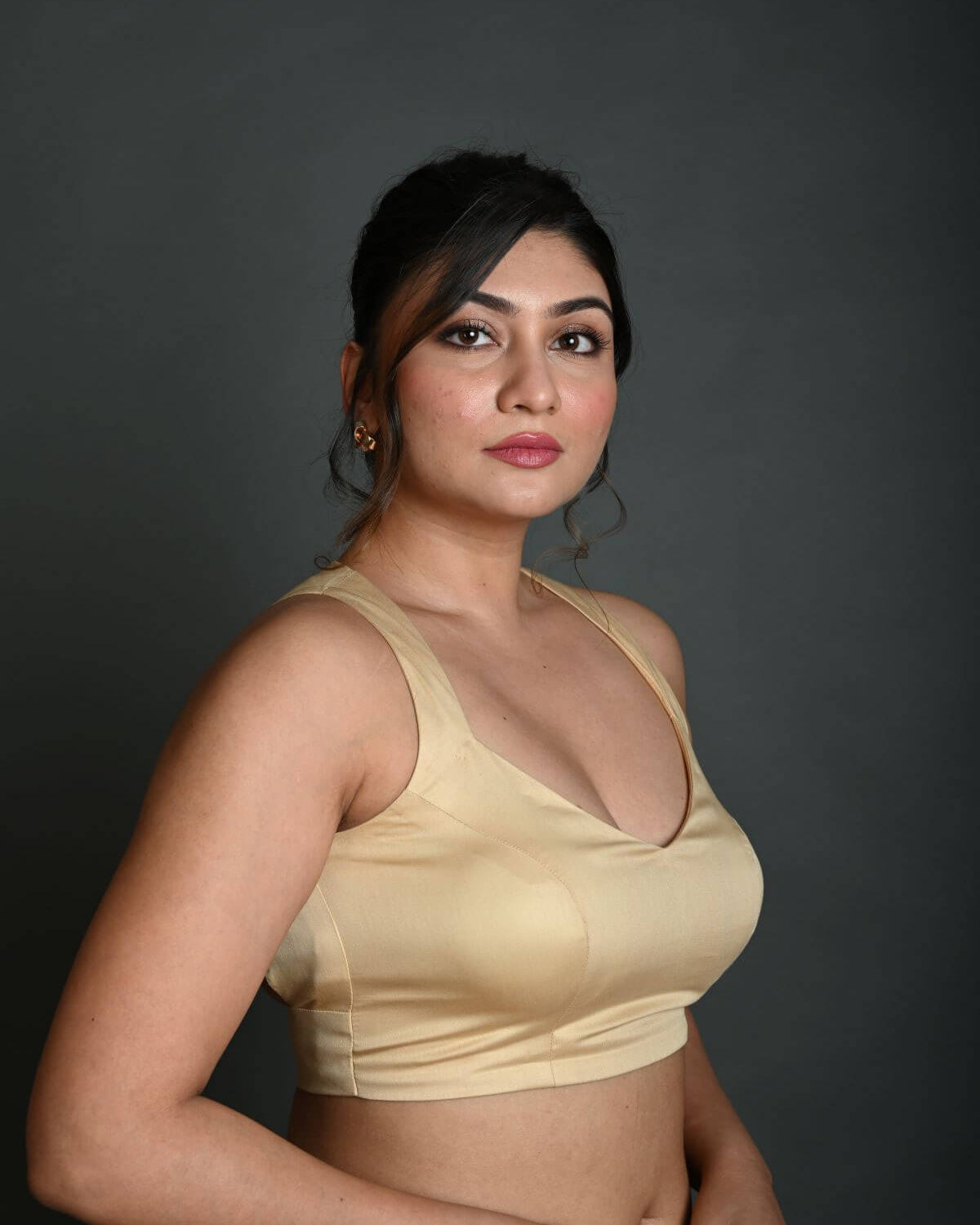 Cream Sleeveless Blouse in Cotton with Back Cutout with Deep V Neckline - Anvi Couture