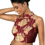 Maroon Raw Silk Multicolor Halter Neck Blouse - image 2