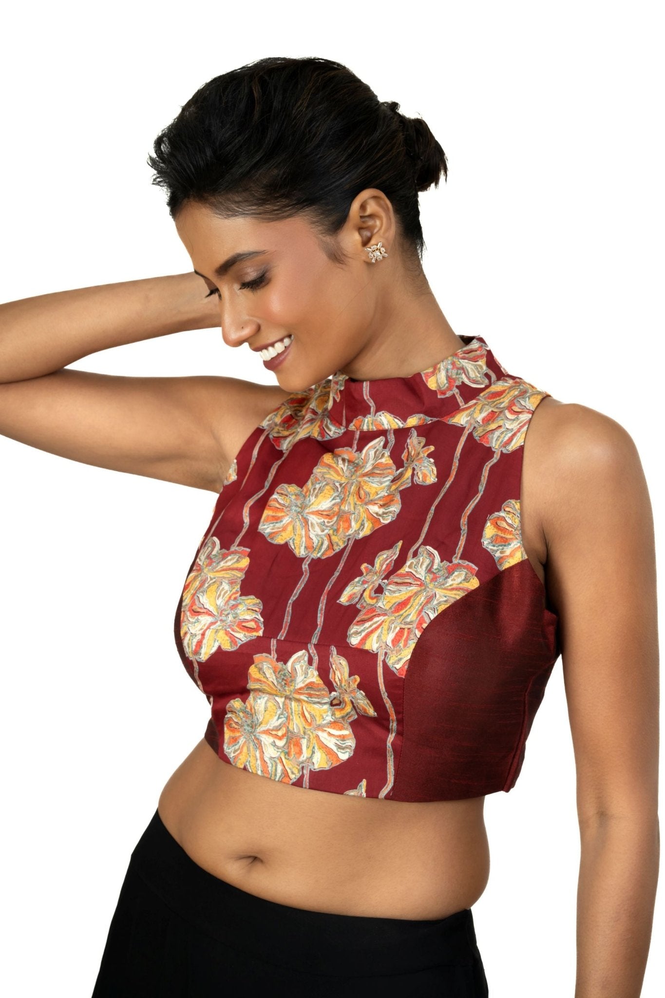 Maroon Raw Silk Multicolor Halter Neck Blouse - Anvi Couture