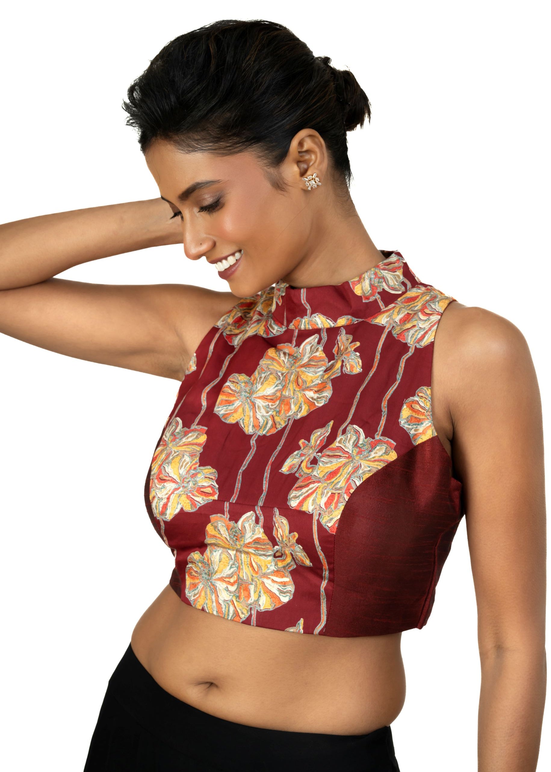 Maroon Raw Silk Multicolor Halter Neck Blouse - image 2