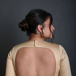 Cream V Neck Blouse in Cotton with Half Sleeves with Back Cutout - Anvi Couture