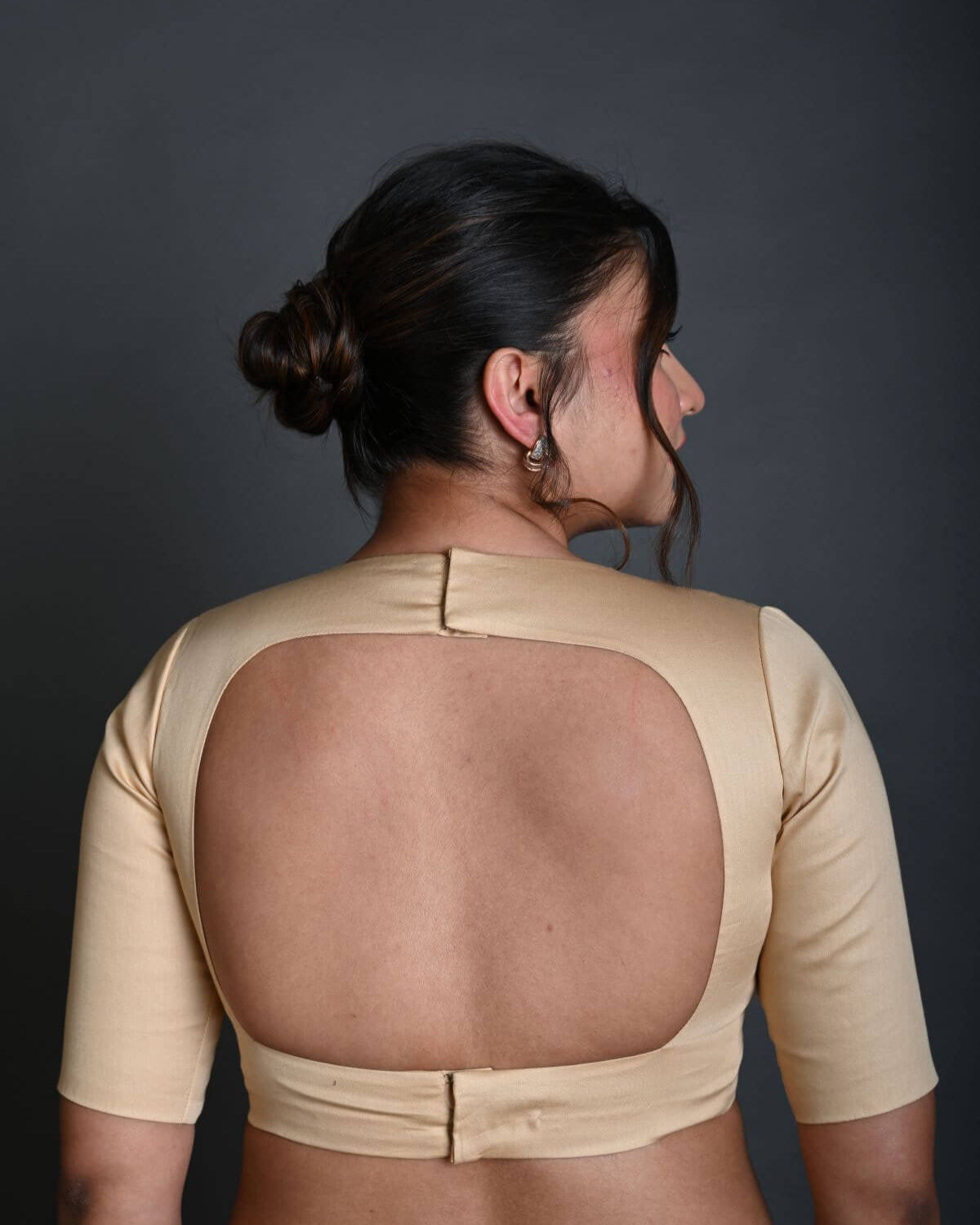 Cream V Neck Blouse in Cotton with Half Sleeves with Back Cutout - Anvi Couture