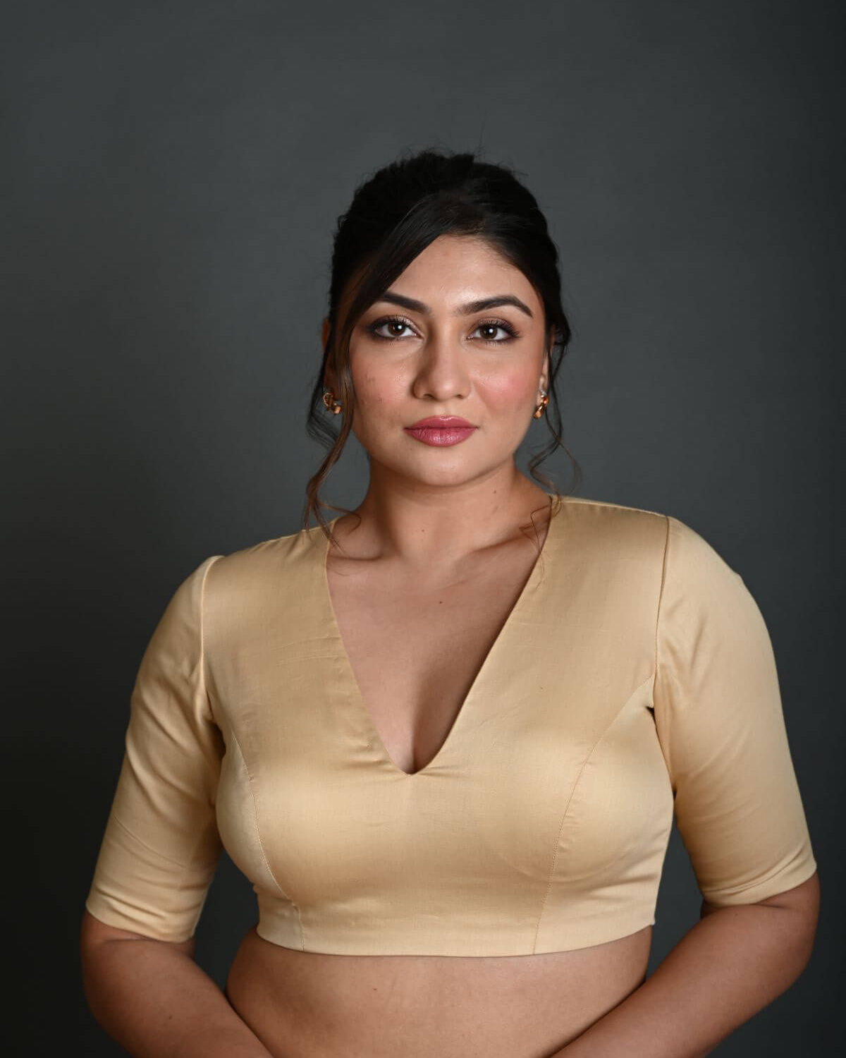 Cream V Neck Blouse in Cotton with Half Sleeves with Back Cutout - Anvi Couture