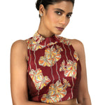 Maroon Raw Silk Multicolor Halter Neck Blouse - image 3