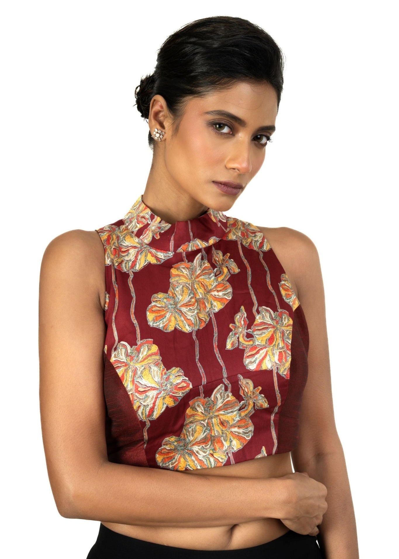 Maroon Raw Silk Multicolor Halter Neck Blouse - Anvi Couture