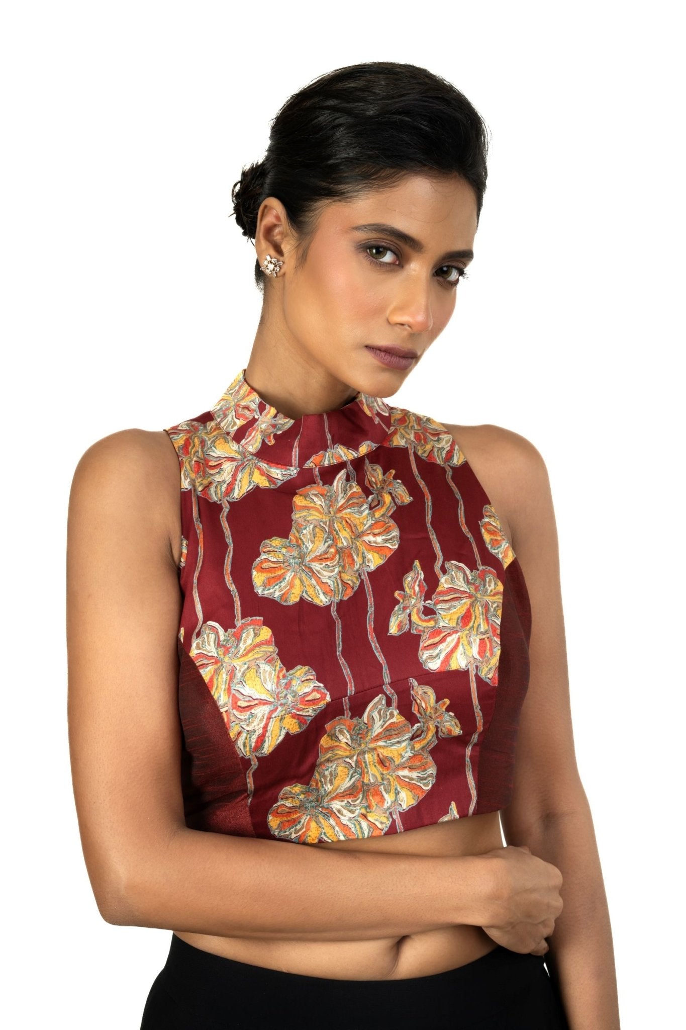 Maroon Raw Silk Multicolor Halter Neck Blouse - Anvi Couture