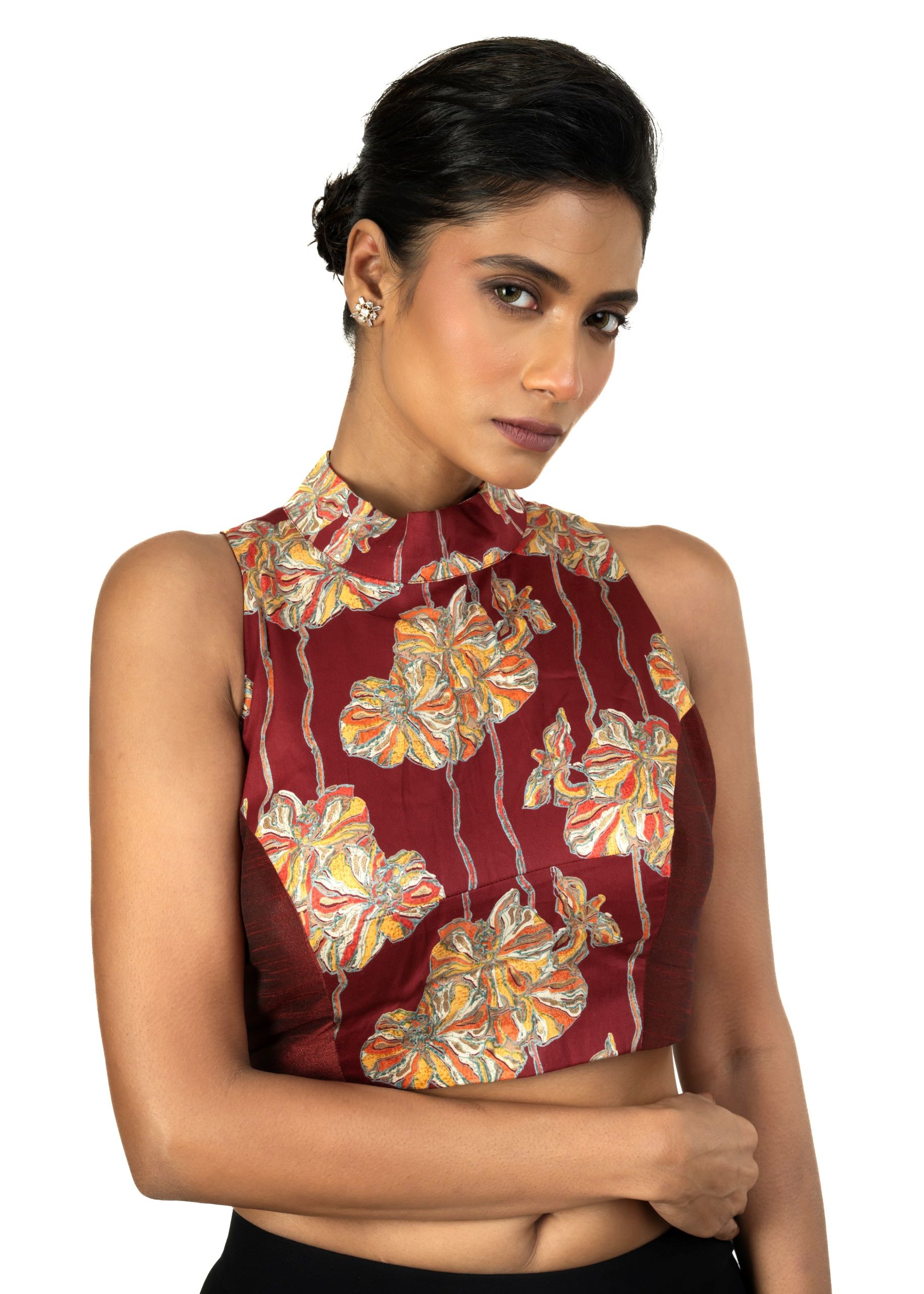 Maroon Raw Silk Multicolor Halter Neck Blouse - image 3