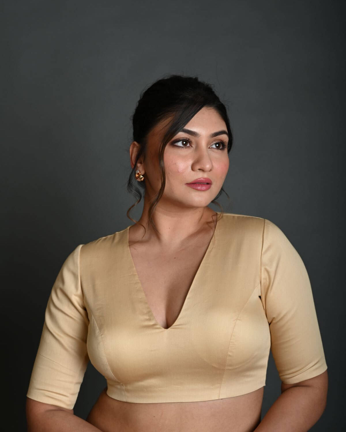 Cream V Neck Blouse in Cotton with Half Sleeves with Back Cutout - Anvi Couture