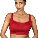 Red Wide U Neckline Cotton Silk Sleeveless Blouse - image 1