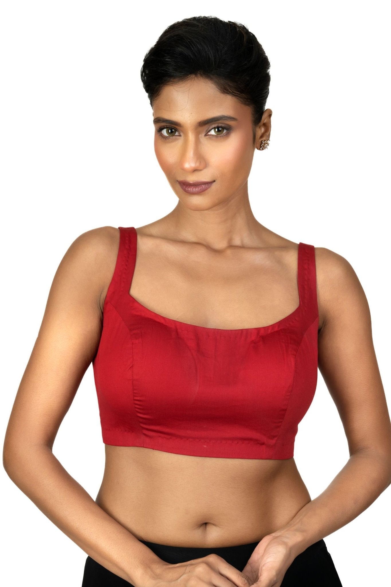 Red Wide U Neckline Cotton Silk Sleeveless Blouse - Anvi Couture