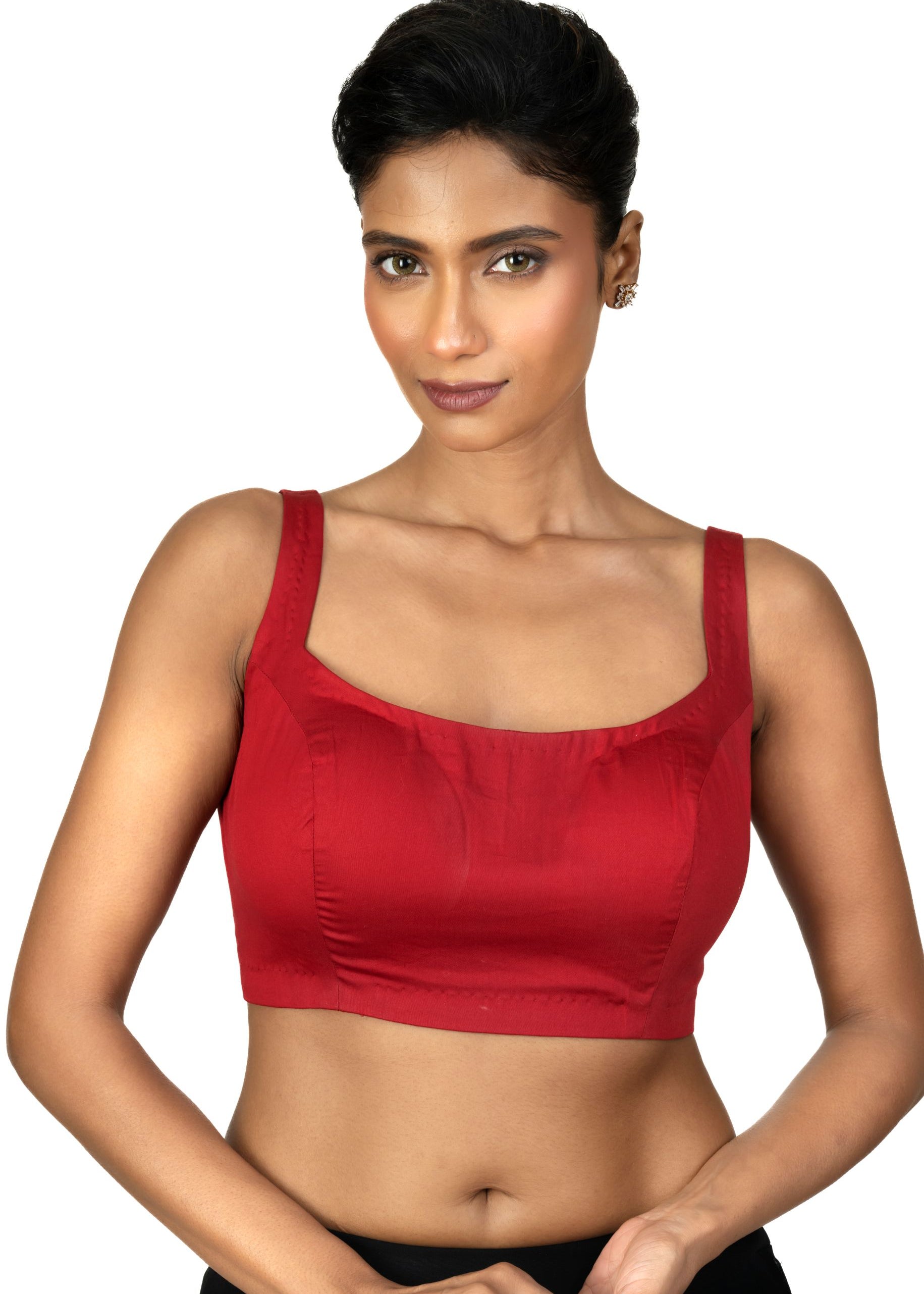 Red Wide U Neckline Cotton Silk Sleeveless Blouse - image 1