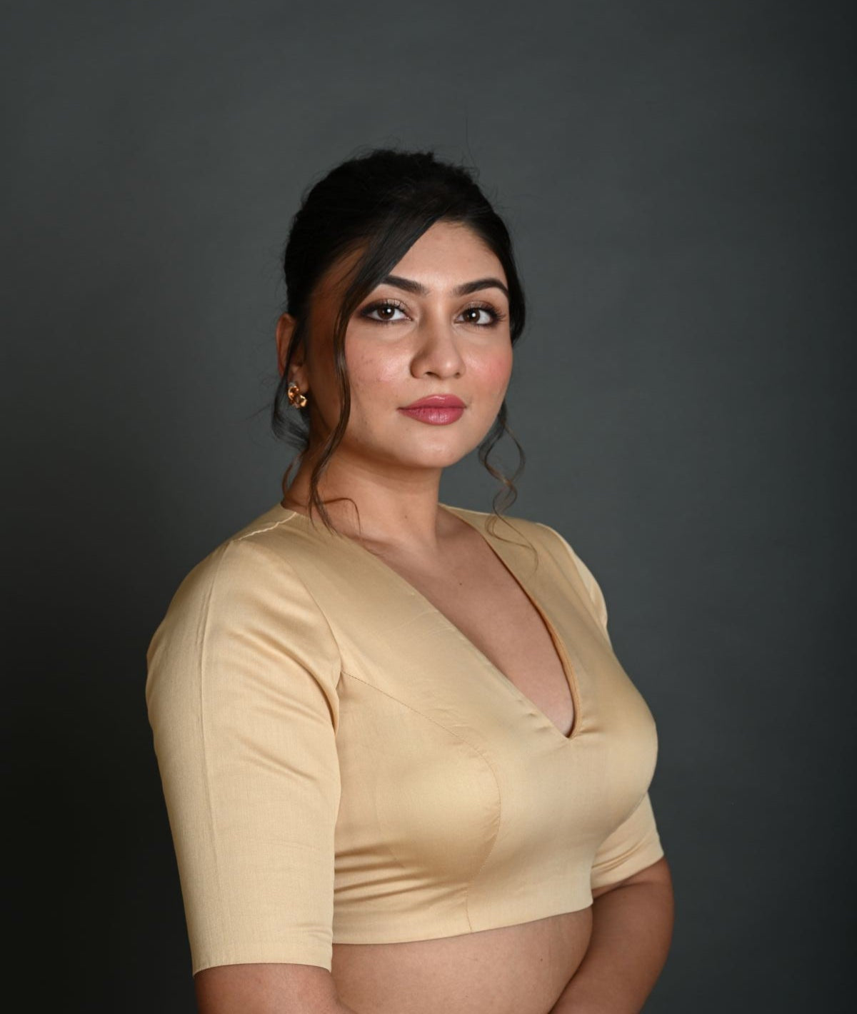 Cream V Neck Blouse in Cotton with Half Sleeves with Back Cutout - Anvi Couture