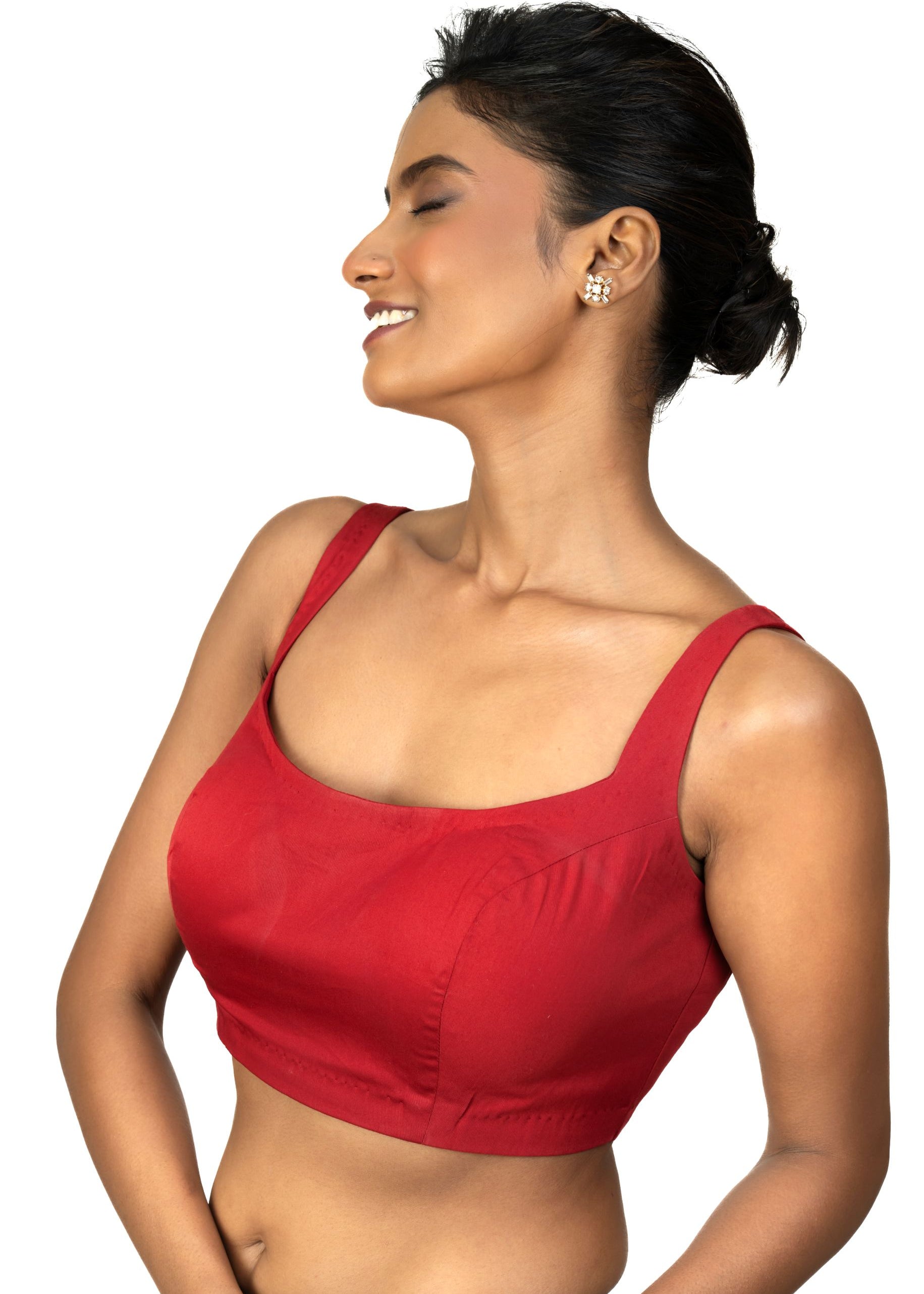 Red Wide U Neckline Cotton Silk Sleeveless Blouse - image 2