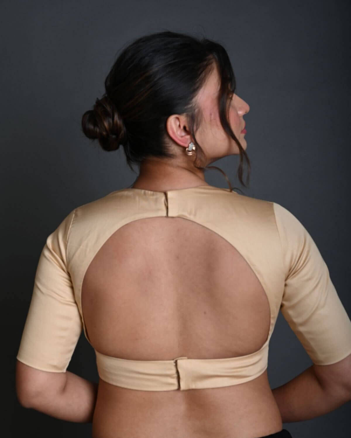 Cream Half Sleeve Blouse in Cotton with Deep V Neckline - Anvi Couture