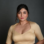 Cream Half Sleeve Blouse in Cotton with Deep V Neckline - Anvi Couture