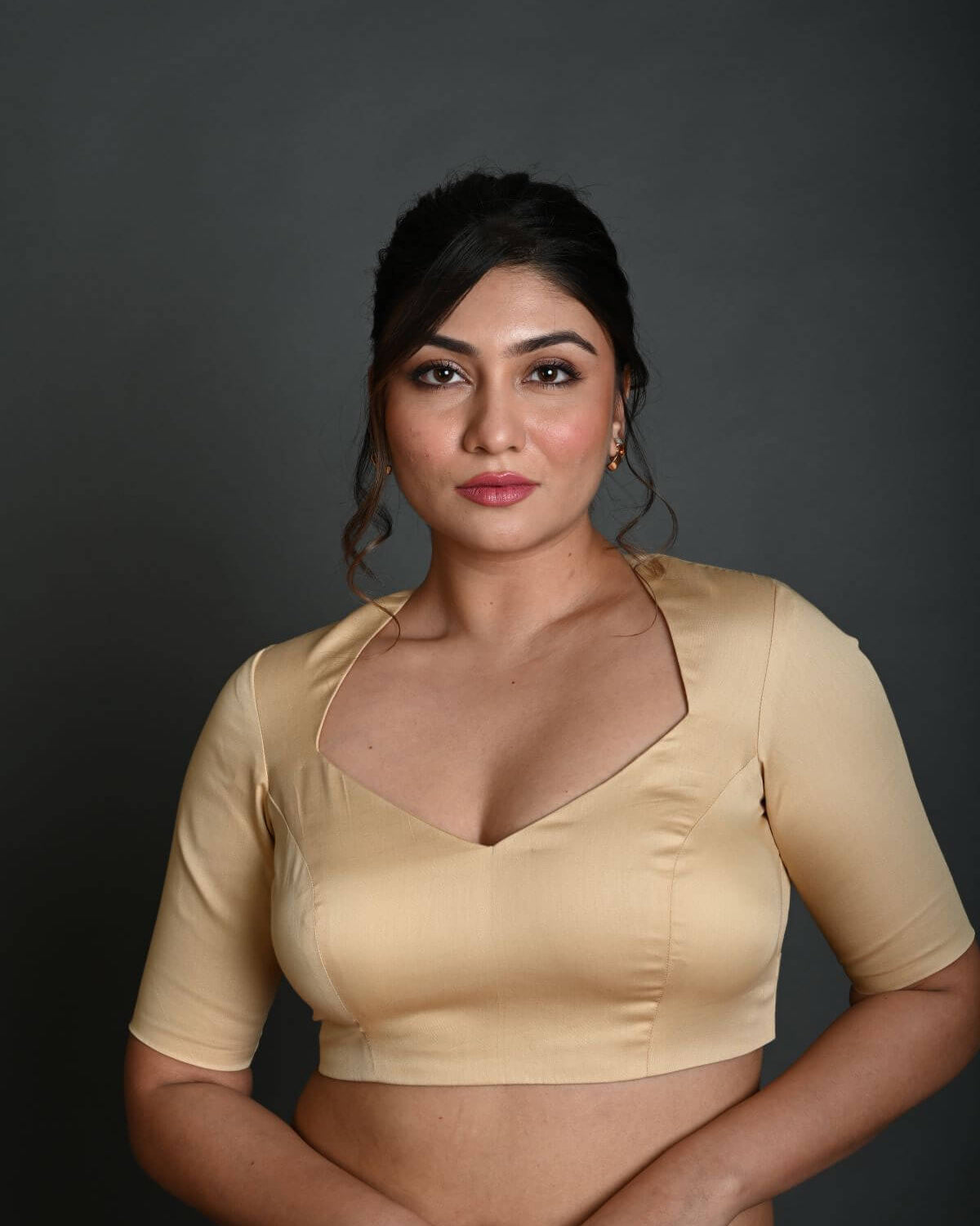 Cream Half Sleeve Blouse in Cotton with Deep V Neckline - Anvi Couture