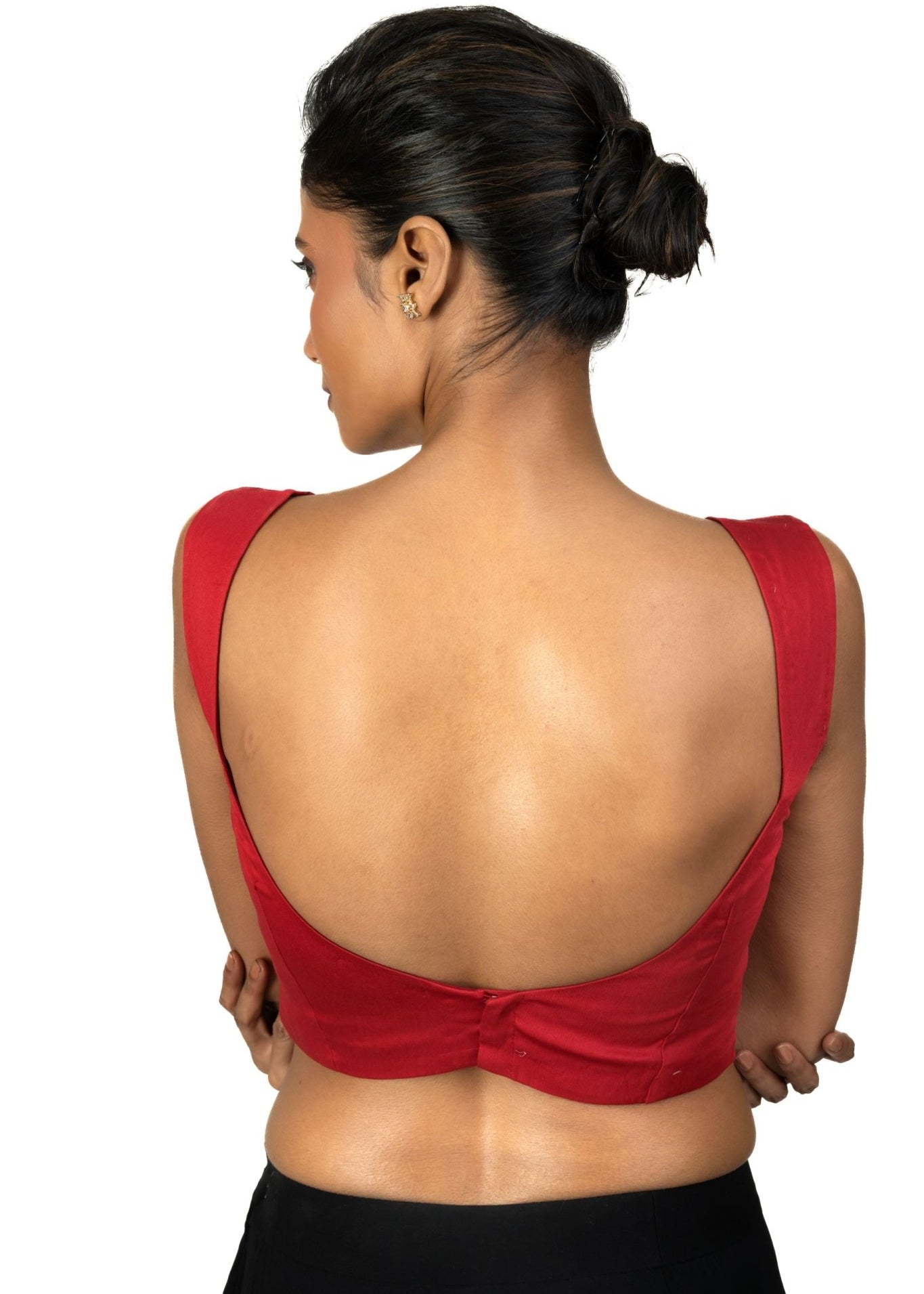 Red Sleeveless Cotton Silk Blouse with Sweetheart Neckline - Anvi Couture