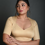 Cream Half Sleeve Blouse in Cotton with Deep V Neckline - Anvi Couture