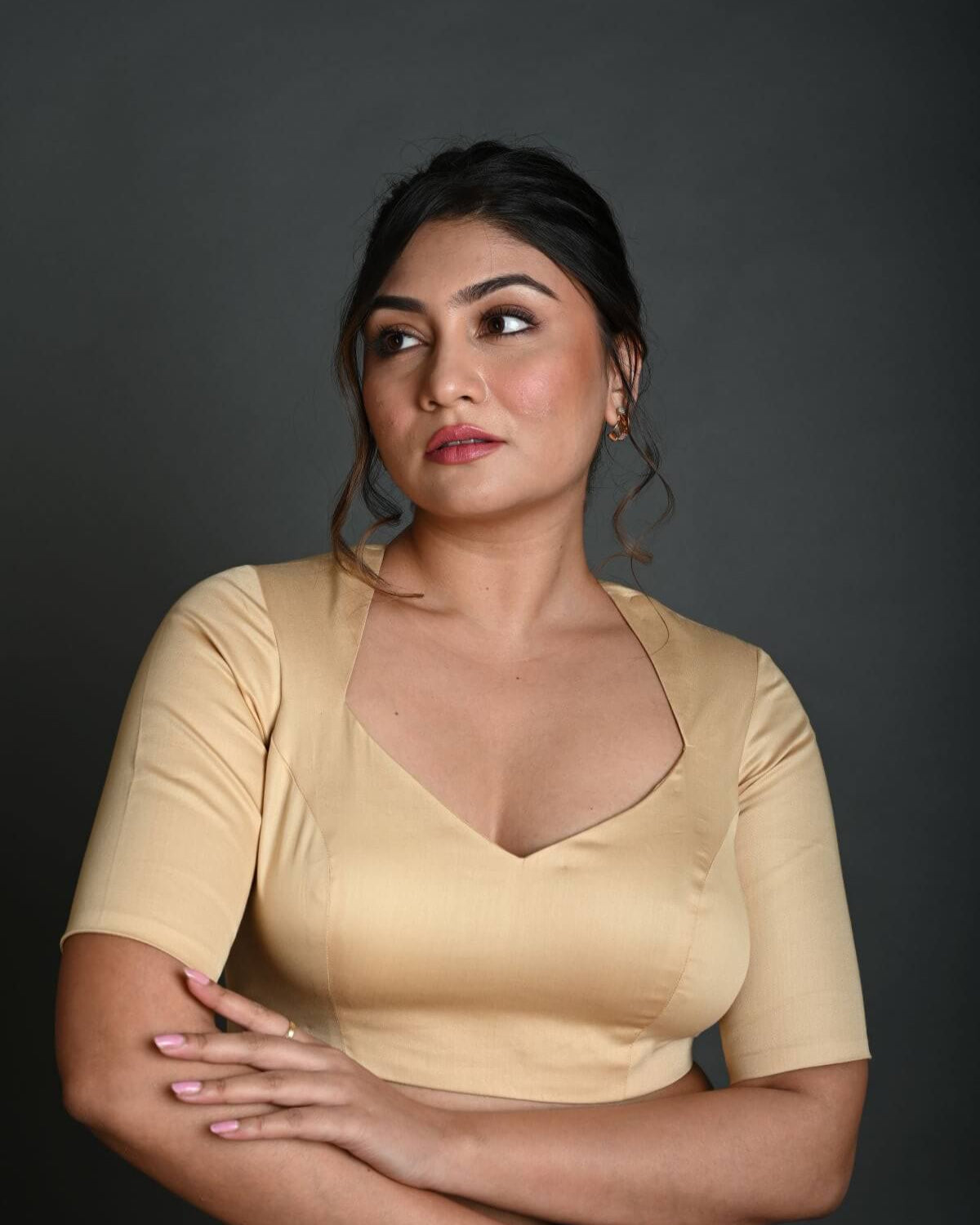 Cream Half Sleeve Blouse in Cotton with Deep V Neckline - Anvi Couture