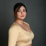 Cream Half Sleeve Blouse in Cotton with Deep V Neckline - Anvi Couture