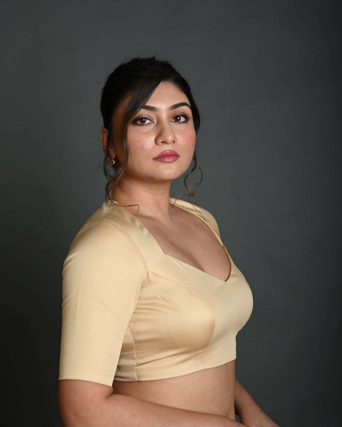 Cream Half Sleeve Blouse in Cotton with Deep V Neckline - Anvi Couture