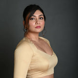 Cream Half Sleeve Blouse in Cotton with Deep V Neckline - Anvi Couture